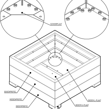 Bloembak Modulair Antraciet (RAL7016) fijnstructuur 120x120x28cm