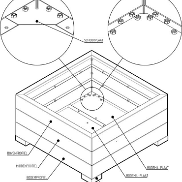 Bloembak Modulair Antraciet (RAL7016) fijnstructuur 120x120x42cm