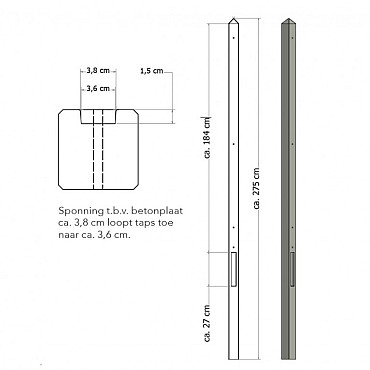 Lichtgewicht betonpaal met diamantkop ongecoat 8,5x8,5x275 cm, eindpaal, grijs.