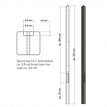 Lichtgewicht betonpaal met diamantkop ongecoat 8,5x8,5x275 cm, eindpaal, antraciet.